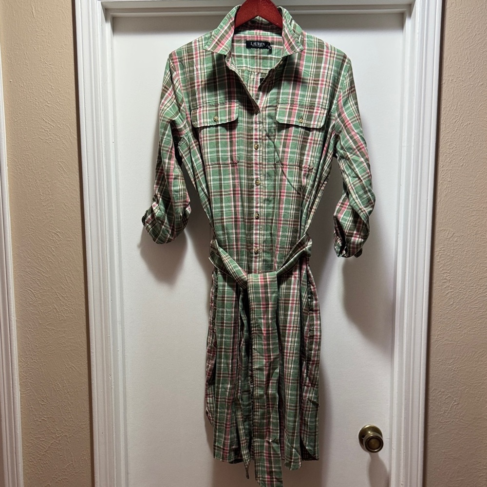 Ralph Lauren Black Label Green and Pink Plaid Long Sleeve Dress